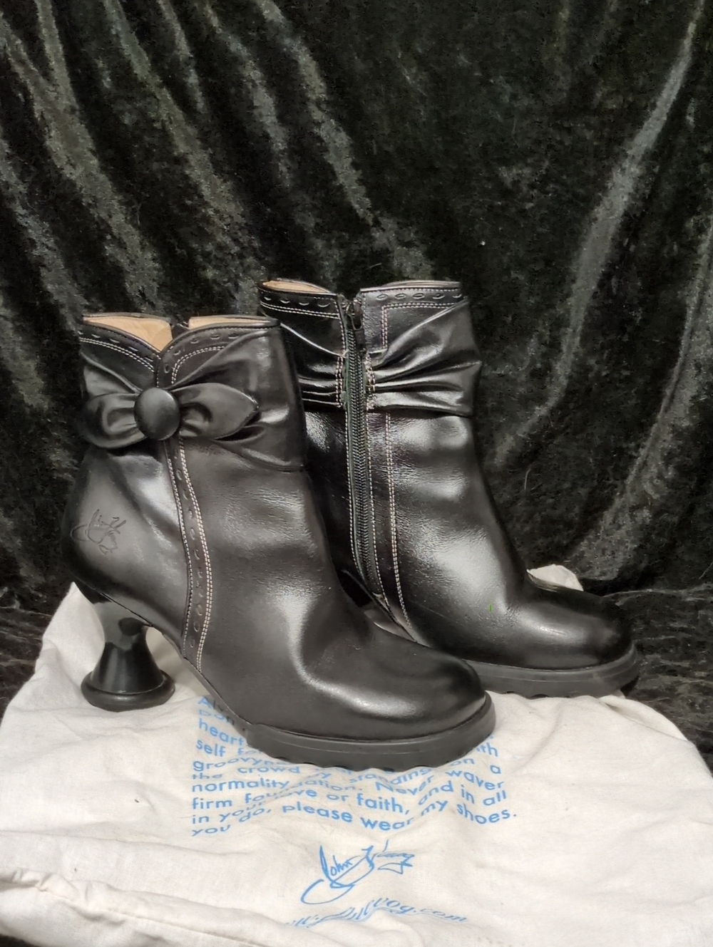 John Fluevog Black Leather Ankle Boots With Bow Trim 9.5